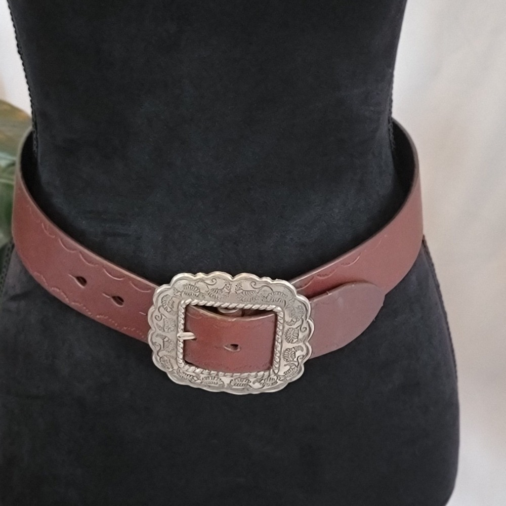 Silpada Designs Brown Leather Western Belt Silver Ornate Scalloped Buckle